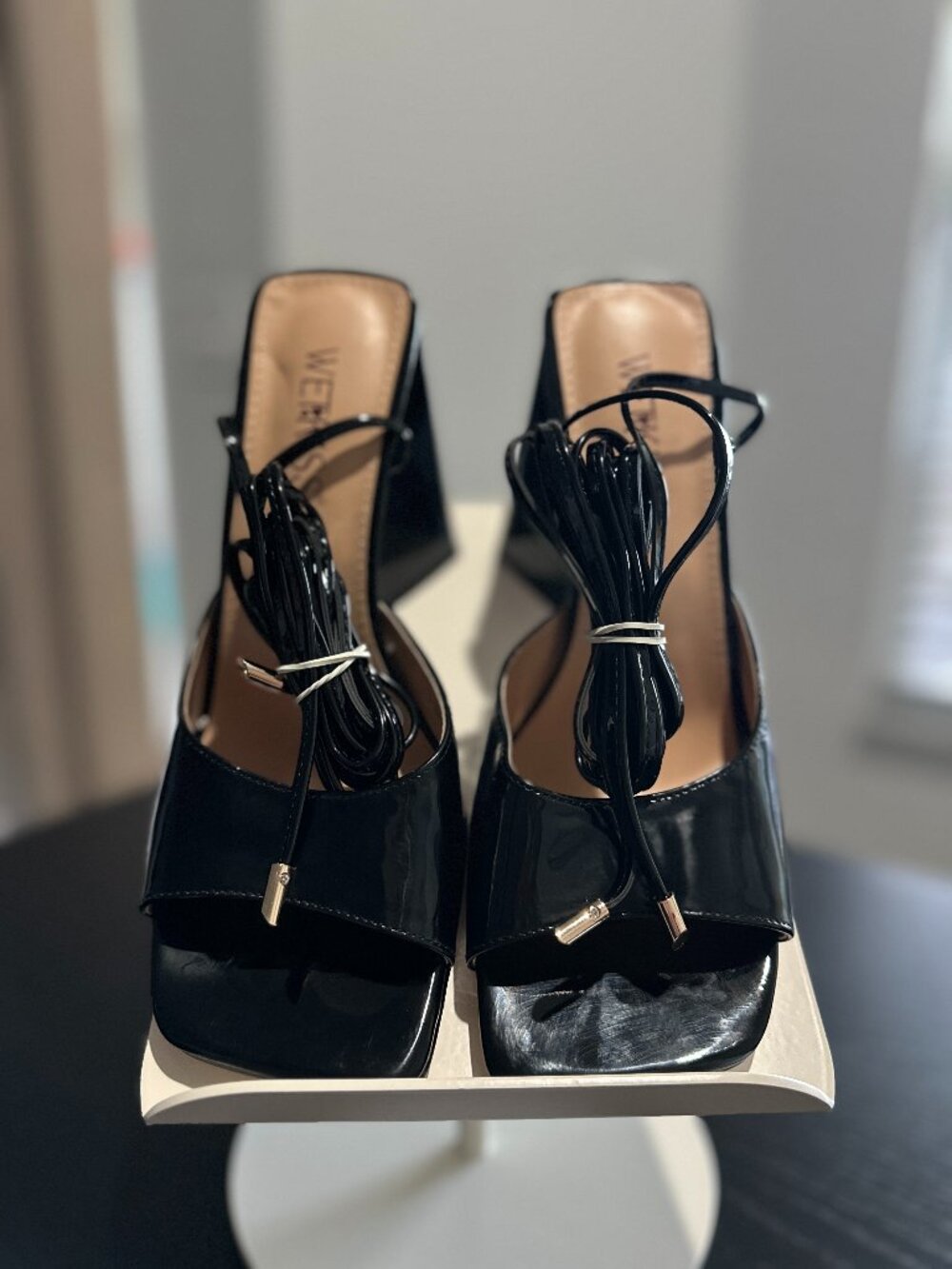 WETKISS Women’s Black Patent Lace Up Block Heel Sandals Square Toe Size 8 EU 38